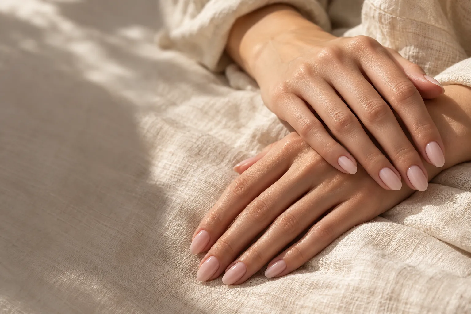 Editorial photograph of nude pink manicured hands on ivory linen